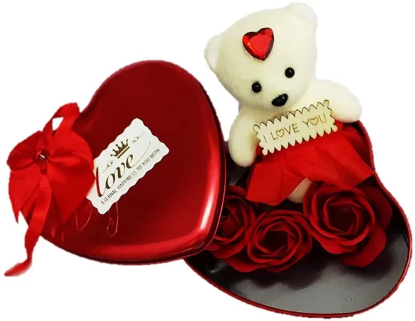 Heart Shape Box Teddy Bear and Rose Flower Gift (Red, Small) - Image 3